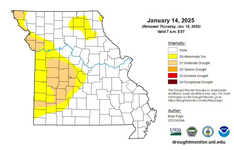 Missouri map with county lines and different colors to indicate the intensity of any drought conditions as of Jan. 14, 2024