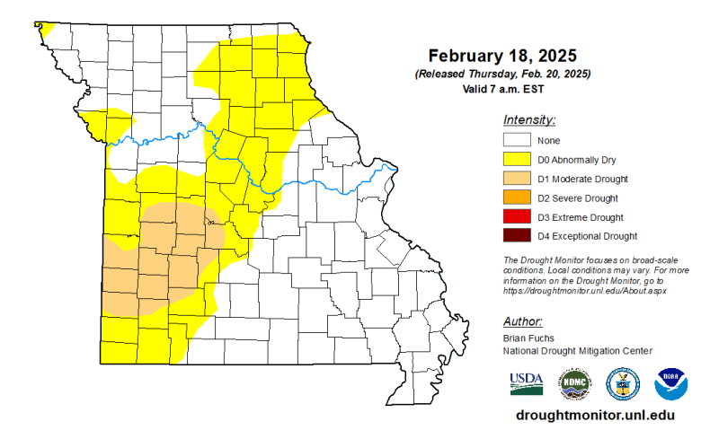 Missouri map with county lines and different colors to indicate the intensity of any drought conditions as of Feb. 18, 2024