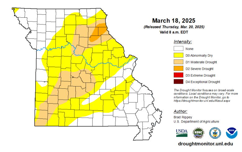 Missouri map with county lines and different colors to indicate the intensity of any drought conditions as of March 18, 2024