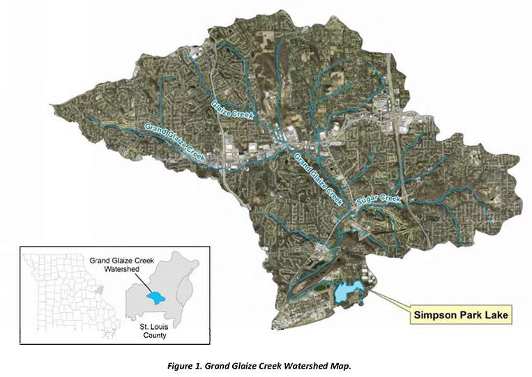 Map of the Grand Glaize Creek Subwatershed, showing the HUC 12 boundaries