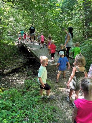 A group of young children and adults walk on a wooden bridge through a lush, green forest on a sunny day, exploring nature.
