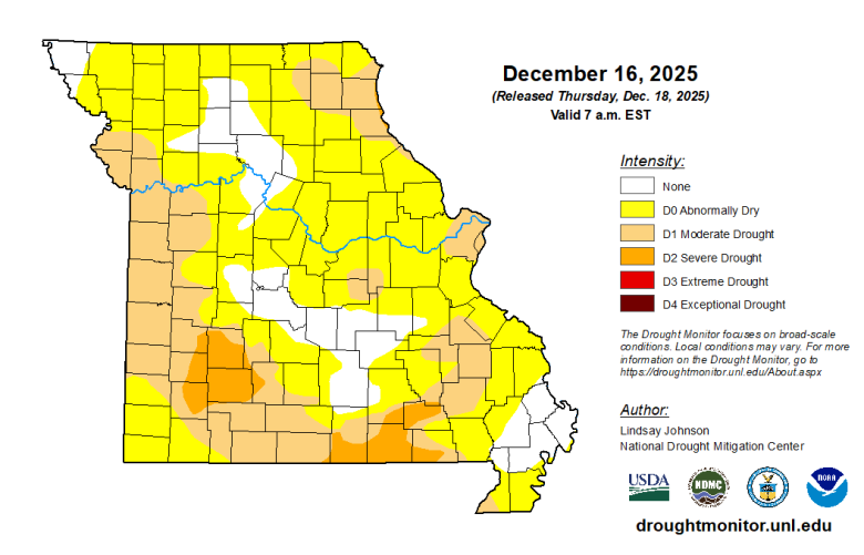 Missouri map with county lines and different colors to indicate the intensity of any drought conditions as of Dec. 16, 2025