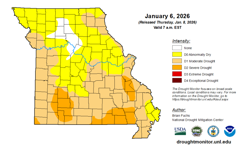 Missouri map with county lines and different colors to indicate the intensity of any drought conditions as of Jan. 6, 2026