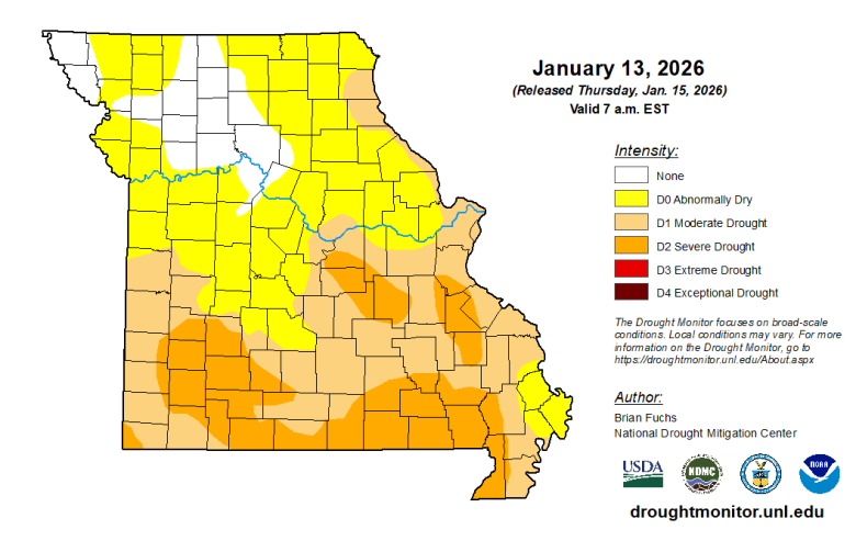 Missouri map with county lines and different colors to indicate the intensity of any drought conditions as of Jan. 13, 2026