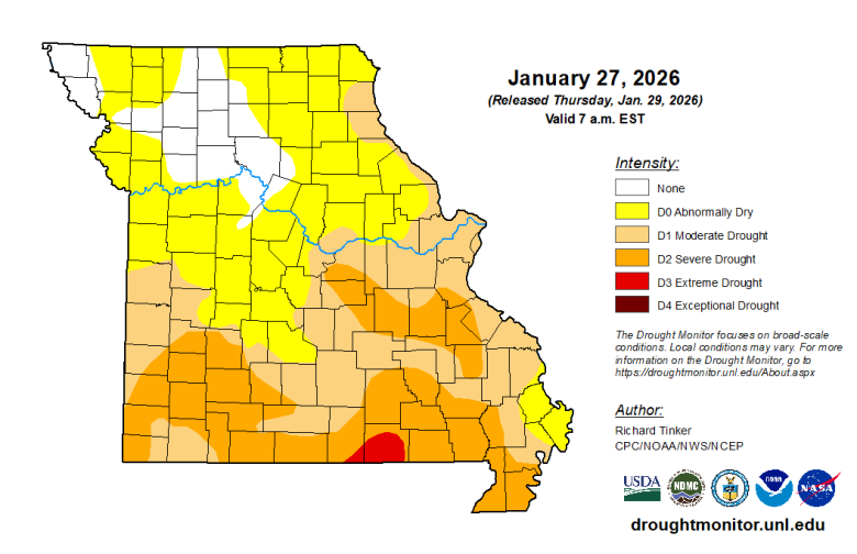 Missouri map with county lines and different colors to indicate the intensity of any drought conditions as of Jan. 27, 2026