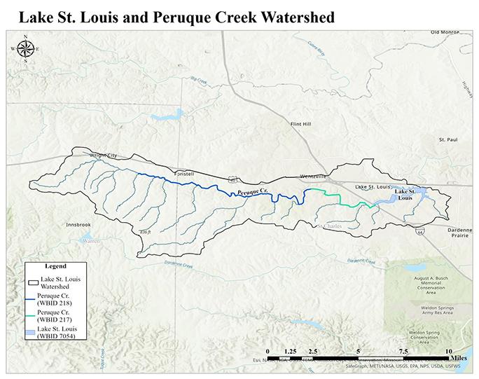 Map of the Lake St. Louis and Peruque Creek Watershed, showing waterbody and watershed boundaries