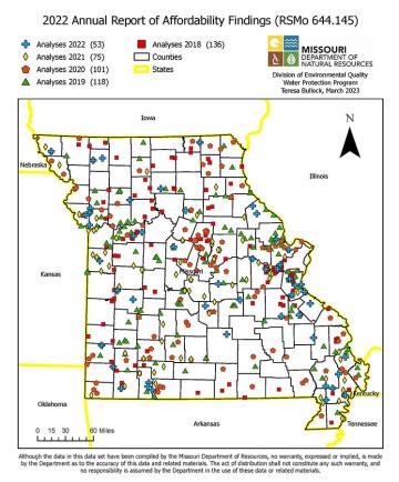 Each symbol on the map indicates which year the department completed a Findings of Affordability for the sewer system or treatment works facility at that location.