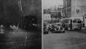 Photograph of Twelfth and Olive streets in St. Louis before and after the Smoke Ordinance was passed in 1937.