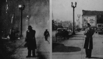 Photograph of 1300 block of Olive Street before and after the Smoke Ordinance was passed in 1937.