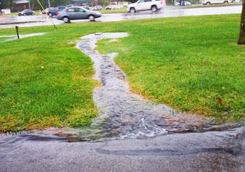  Rain water flowing off an asphalt road through a grass covered area into a stormwater drain