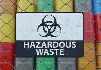 Stacked hazardous waste drums stored behind a fence with a warning sign