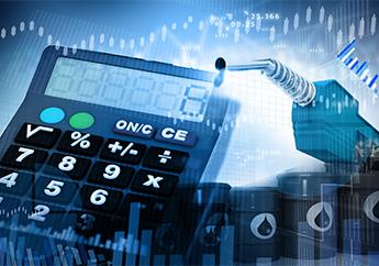 A calculator, gasoline pump dispenser, oil barrels and data icons.