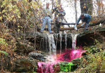 Three department staff applying bright pink water tracing fluid in the Lancaster Goodwin sinkhole