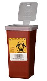 Unused open lid sharps container with a hazardous waste sticker on the front.