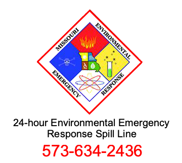 Spill line graphic that states to report hazardous substances releases to the department's 24-hour Environmental Emergency Response Hotline, 573-634-2436.