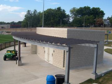 Street view of the former Van Brunt Street Car Barn, now home to the Kansas City Parks and Recreation Department's soccer complex