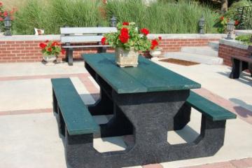 A picnic table made from recycled scrap tires