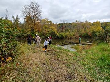 Several staff inspecting stream riparian at the Municipal Farm 