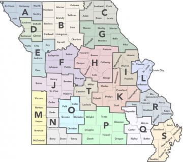 The 20 solid waste management districts depicted on a map of Missouri