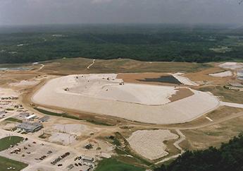 Ariel view of the Weldon Spring Site disposal cell under construction. The sides of the cell are in place and final cap is being constructed.