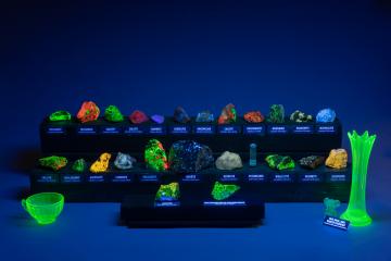 Fluorescent minerals display with lights on