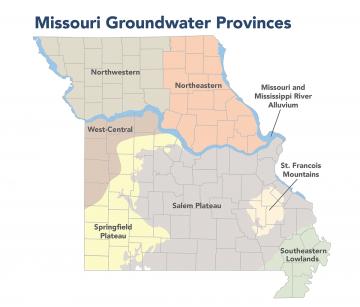 The boundaries of the seven Missouri groundwater provinces (Mississippi and Missouri River, Northeast, Northwest, St. Francois Mountains, Salem Plateau, Southeastern Lowlands, Springfield Plateau and West-Central) depicted on a map of Missouri