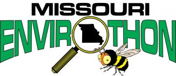 The words Missouri Envirothon with the letter "O" being a magnifying glass. A bee is flying below the magnifying glass.