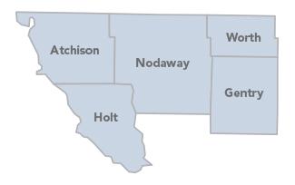 Northwest Missouri Solid Waste Management District map, showing Atchison, Gentry, Holt, Nodaway and Worth counties