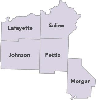 West Central Missouri Solid Waste Management District, showing Lafayette, Johnson, Saline, Pettis and Morgan counties