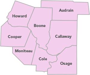 Mid-Missouri Solid Waste Management District, showing Howard, Cooper, Moniteau, Boone, Cole, Audrain, Callaway and Osage counties