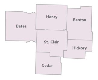 Quad-Lakes Solid Waste Management District, showing Bates, Henry, St. Clair, Cedar, Benton and Hickory counties
