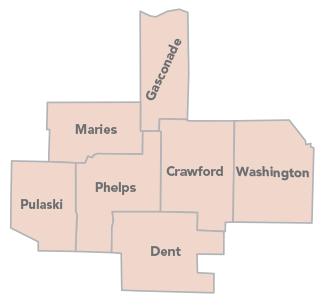 Ozark Rivers Solid Waste Management District, showing Maries, Pulaski, Gasconade, Phelps, Crawford, Dent and Washington counties