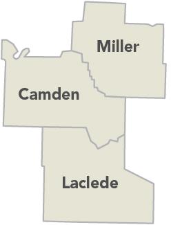 Lake of the Ozarks Solid Waste Management District map, showing Camden, Laclede and Miller counties