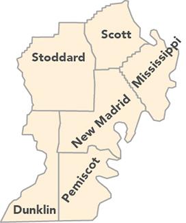 District S Bootheel Solid Waste Management District map, showing Dunklin, Mississippi, New Madrid, Pemiscot, Scott and Stoddard counties