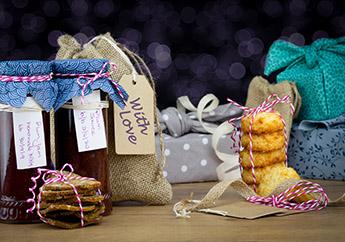 An assortment of homemade cookies and other gifts.