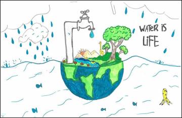 Robert Edmonds, Clearwater Middle School - Water is life with a faucet dripping onto half the earth that has trees, giraffe and a pond with ducks drawn.
