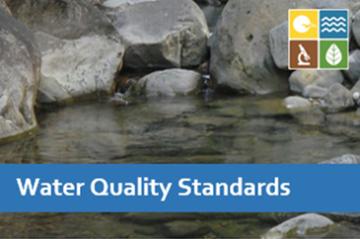 Creek and creek bank filled with large gray rocks with a title banner overlay stating Water Quality Standards