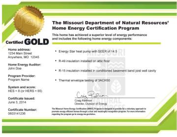 An example Certified Gold Home Energy Certification Program certificate outlined in green with a gold seal