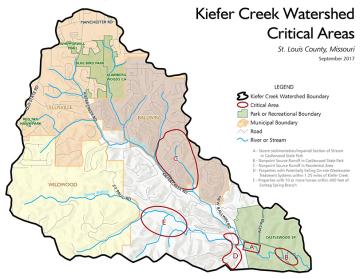 A map denoting the Kiefer Creek Watershed boundary with five critical areas noted where the stream is impaired or nonpoint source pollution is entering the stream.