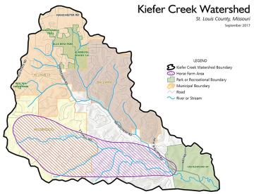 A map denoting the Kiefer Creek Watershed boundary with a horse farm area covering 1/3rd of the bottom left and center area, Castlewood State Park covering the bottom right 1/3rd area and the remaining 2/3rds as municipal area.