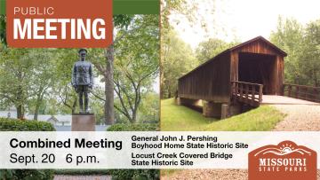 Left stands statue of Gen. Pershing wearing uniform standing on rock pedestal. On right is the wooden Locust Creek Covered Bridge on rock footers.