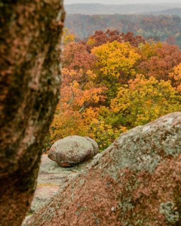 View of colorful trees between two big rocks. 
