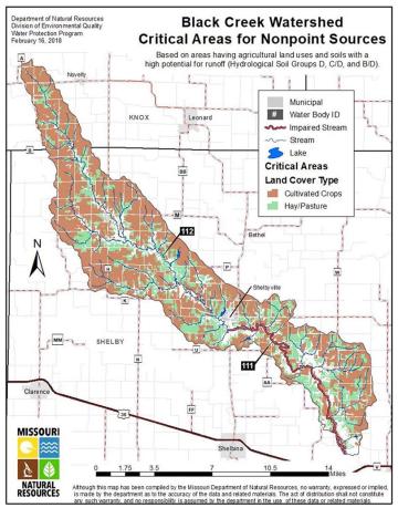 A map denoting the Black Creek Watershed boundary with critical areas noted where the stream is impaired and nonpoint source pollution is entering the stream.