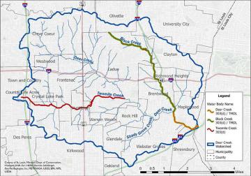 Map of the Deer Creek Watershed, showing the impaired segments of Deer Creek, Black Creek and Twomile Creek