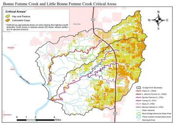 Map of the Greater Bonne Femme Watershed, outlining the agricultural areas on soils having the highest runoff potential