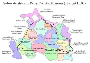 Map of the 12-digit HUC subwatersheds in Perry County, Missouri