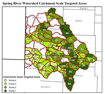Map of the Spring River Watershed, denoting the catchments with the highest values selected for targeted BMP implementation