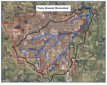 Map of the Town Branch Watershed, outlining the city limits of Bolivar