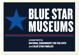 Blue star with words Blue Star Museums underlined with red and blue line and underneath saying presented by National Endowment for the Arts and Blue Star Families.