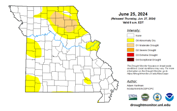 Missouri map with county lines and different colors to indicate the intensity of any drought conditions as of June 28, 2024